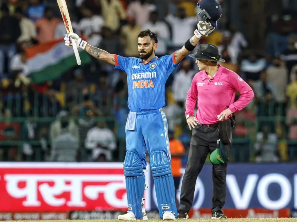 Virat Kohli celebrating after completing 13000 ODI runs and 47th ODI century in India vs Pakistan match, Asia Cup 2023