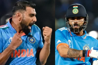 India vs New Zealand ODI World Cup 2023 Match Highlights, 21st Match, Mohammed Shami and Virat Kohli