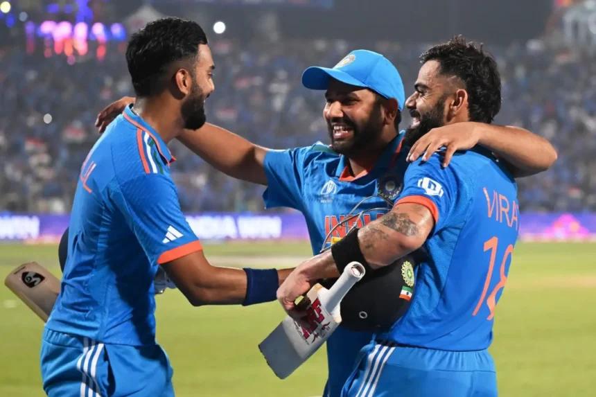 KL Rahul, Rohit Sharma and Virat Kohli after Kohli's 48th ODI hundred in IND vs BAN ODI World Cup 2023 Match