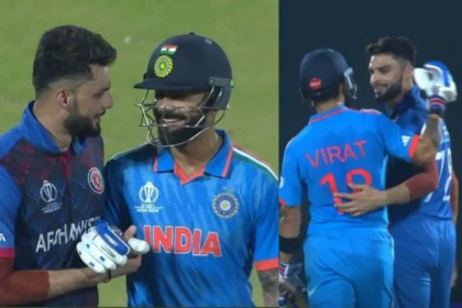 Virat Kohli and Naveen-ul-Haq hug each other during India vs Afghanistan World Cup 2023 match in New Delhi